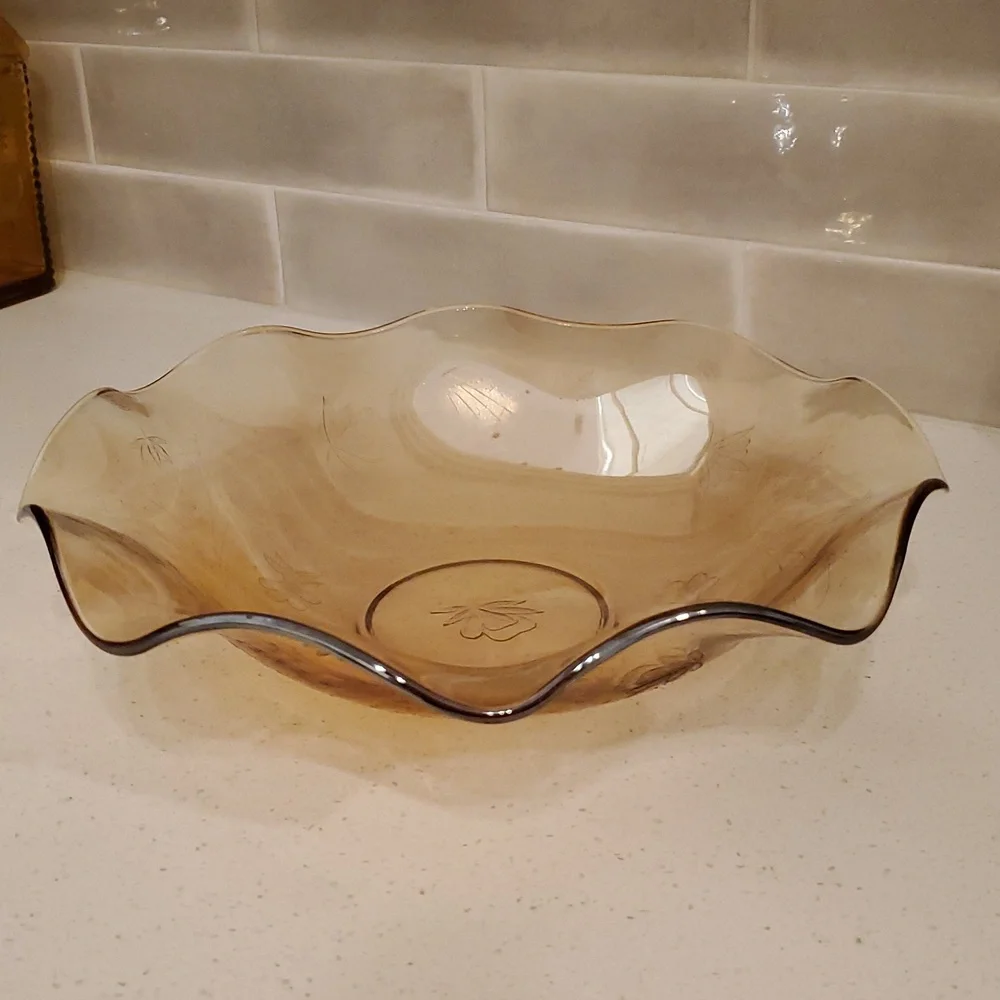 Jeanette Floragold Louisa Ruffled Bowl Carnival Glass Large 11 3/4”